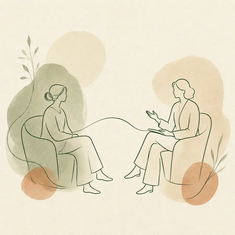 Deux adultes reliés par le fil d’une conversation, dans une illustration au trait