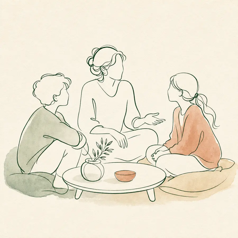 Un parent et deux enfants réunis dans un temps d’échange, dessinés en lignes légères