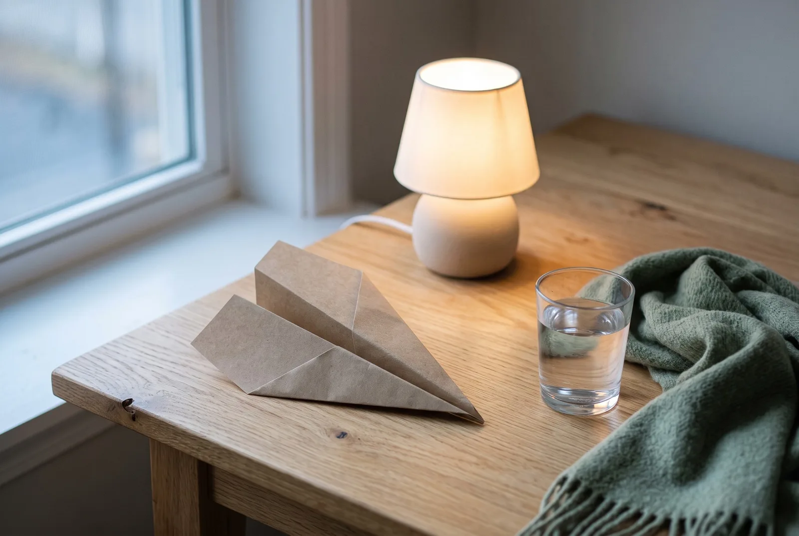 Sur un bureau en chêne près d’une fenêtre au petit matin, un avion en papier kraft, une petite lampe allumée, un verre d’eau et une écharpe de laine sauge.