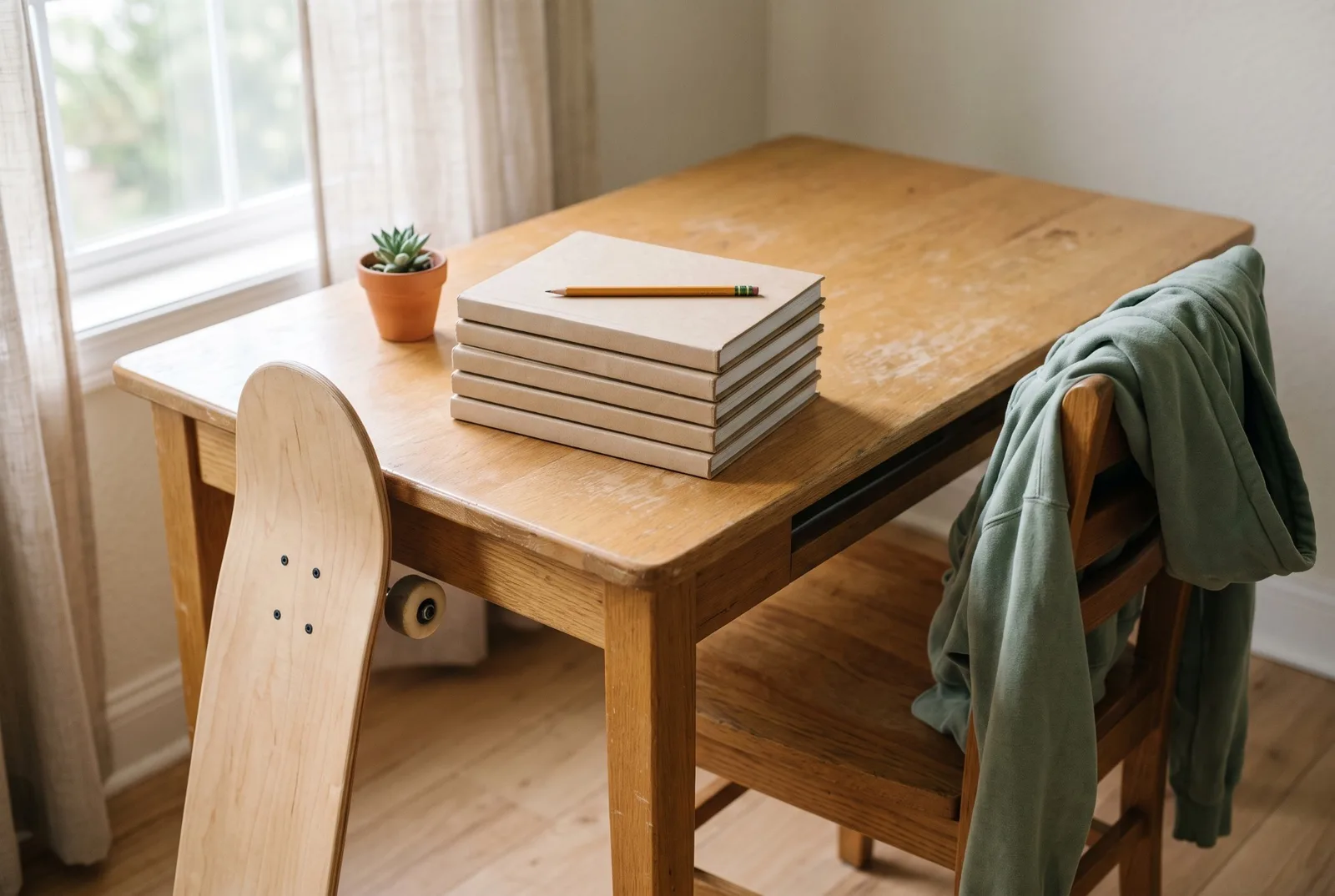 Un bureau d’ado : une pile de manuels fermés avec un crayon posé dessus, un skate appuyé contre le bureau et un sweat à capuche vert sauge jeté sur la chaise.