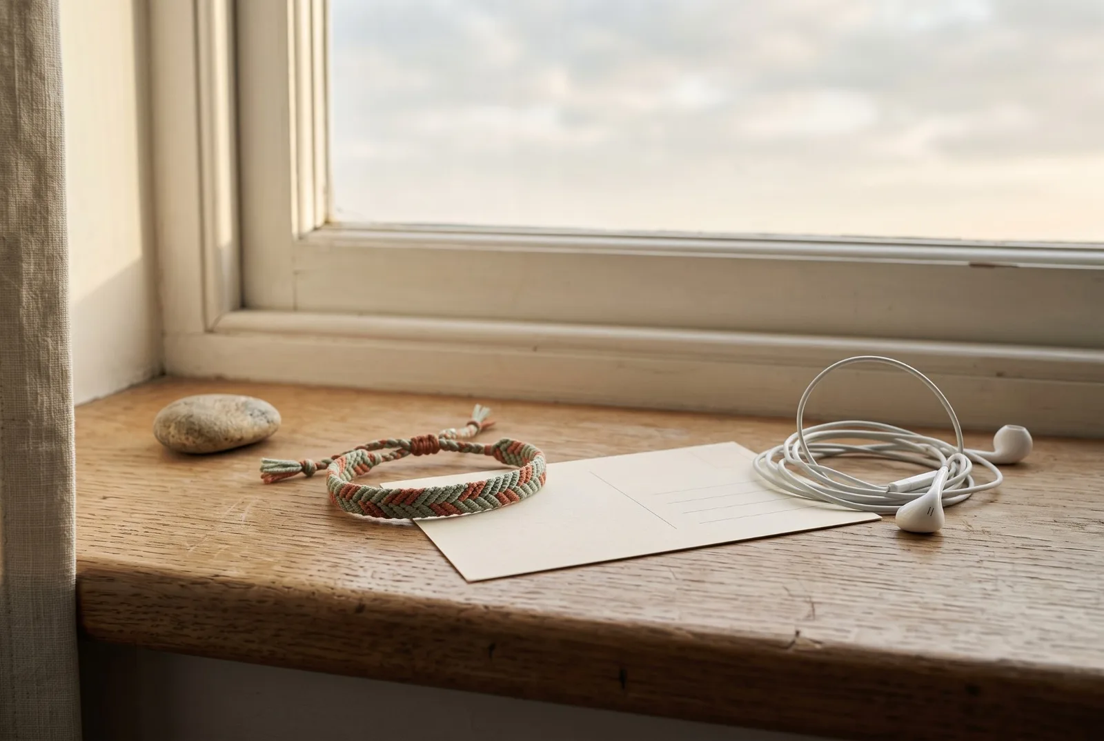 Sur le rebord d’une fenêtre au ciel nuageux, un bracelet d’amitié tressé sauge et terre cuite, une carte postale retournée, des écouteurs enroulés et un galet.