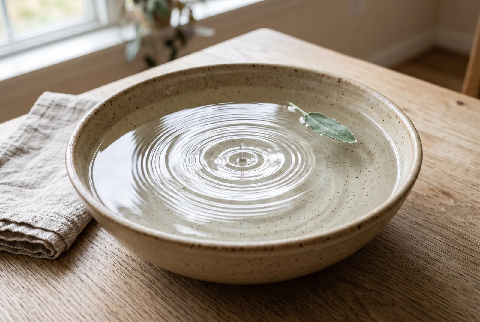 Sur une table en chêne, un large bol en grès couleur sable rempli d’eau : une goutte vient d’y tomber et des ondes concentriques gagnent toute la surface jusqu’à une feuille de sauge qui flotte près du bord.