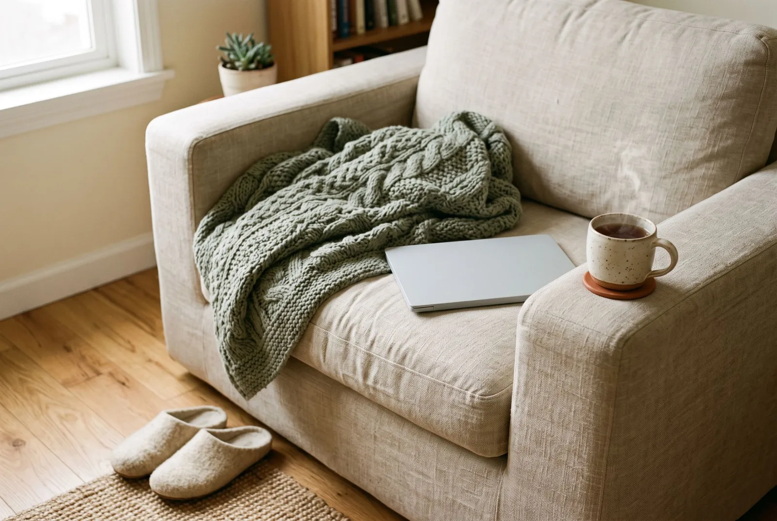 Un fauteuil de lin avec un plaid tricoté sauge qui recouvre à moitié un ordinateur fermé, une tasse de thé fumante sur l’accoudoir et des chaussons au pied.