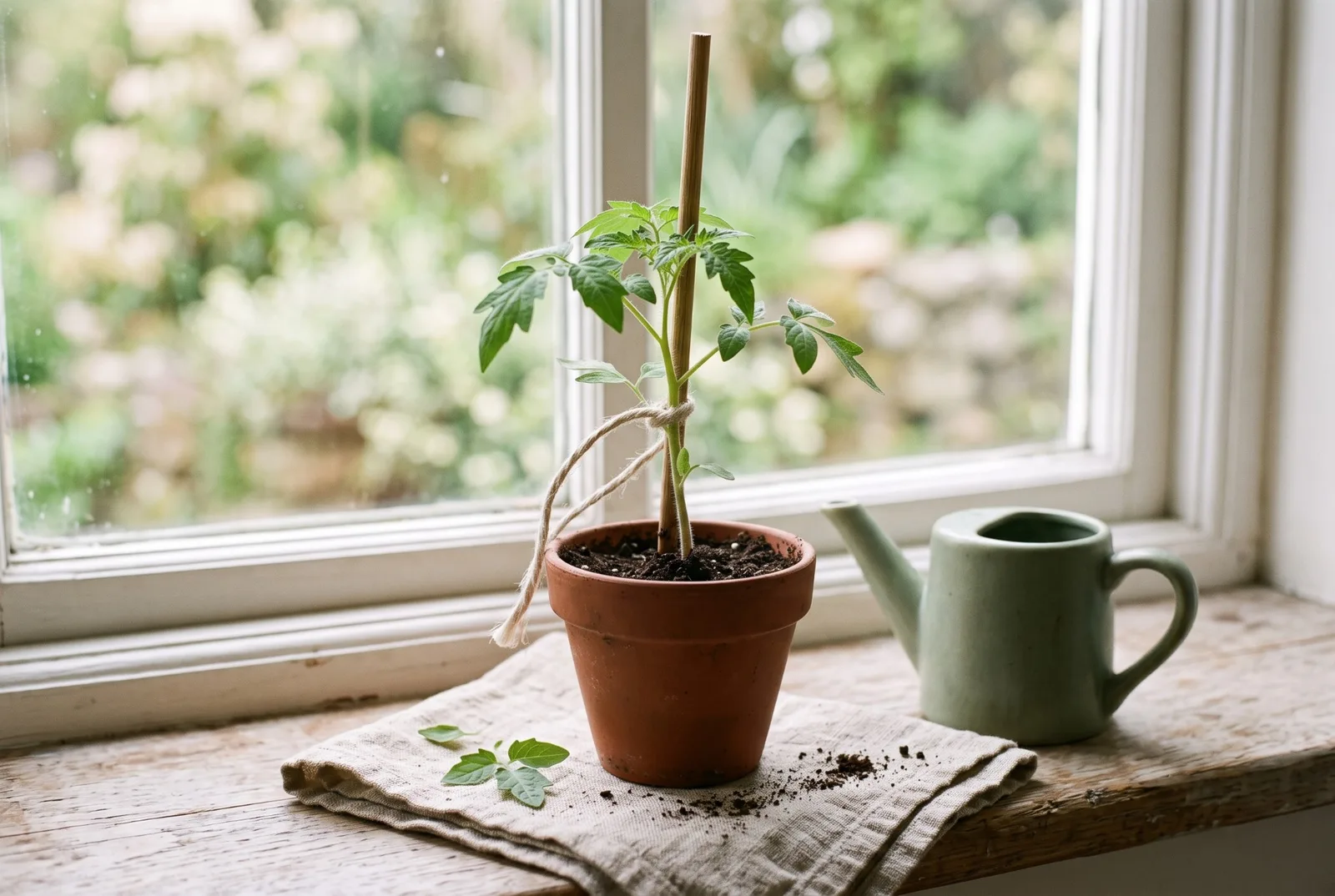 Un jeune plant dans un pot en terre cuite, sur un rebord de fenêtre, attaché à un fin tuteur en bois par une ficelle de lin lâche ; un petit arrosoir sauge à côté.