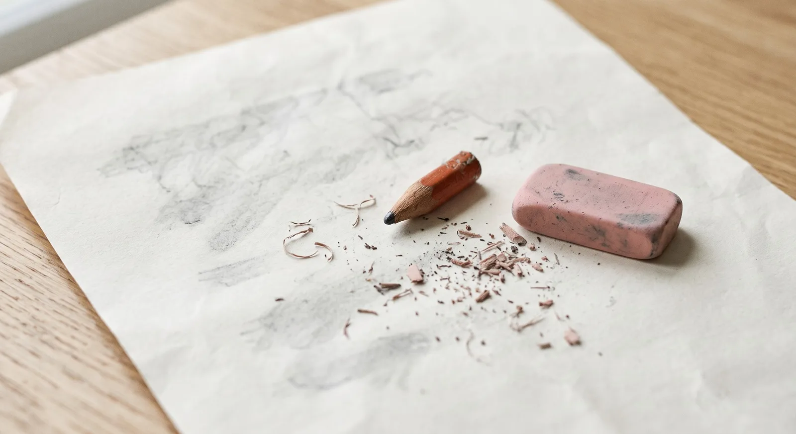 Une feuille couverte de traces de gomme, un crayon terracotta usé jusqu’au bout, une gomme noircie et quelques copeaux.