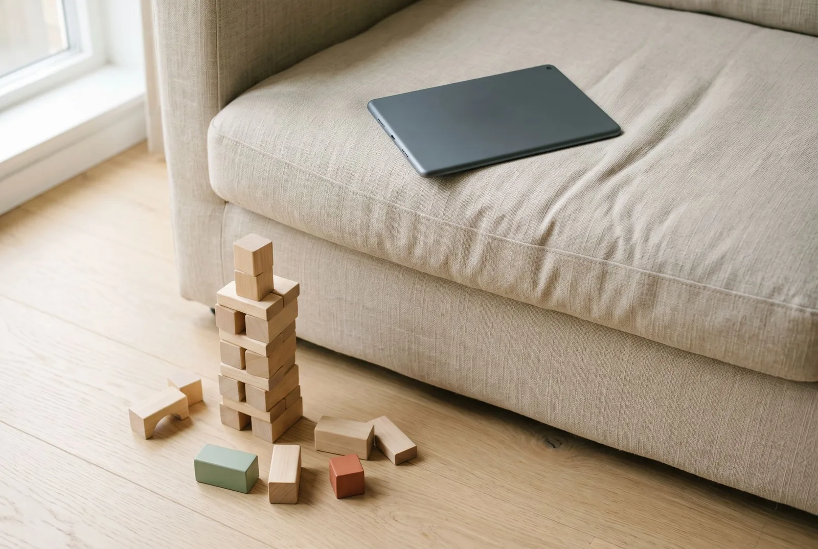 Une tablette posée écran contre le coussin d’un canapé en lin ; au pied du canapé, une tour de cubes en bois en construction, quelques cubes éparpillés sur le parquet.