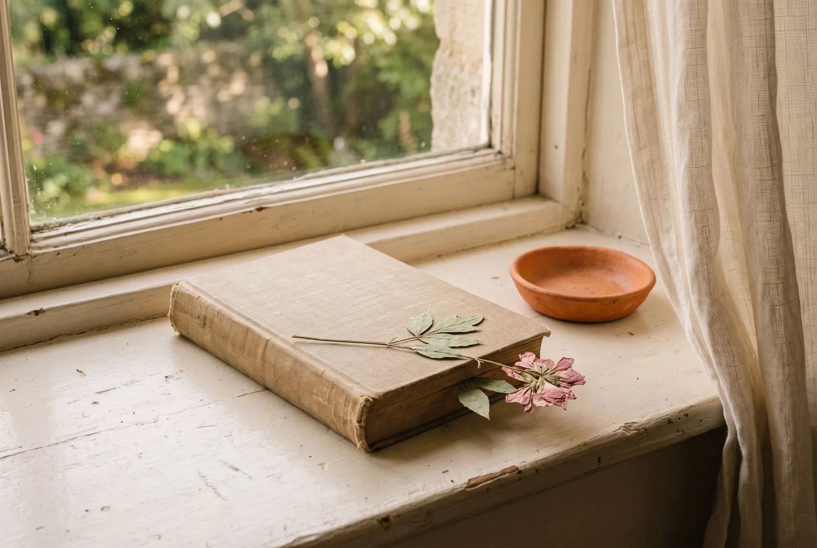 Sur un rebord de fenêtre, un livre ancien fermé d’où dépasse une fleur séchée, à côté d’une coupelle en terre cuite et d’un rideau de lin.
