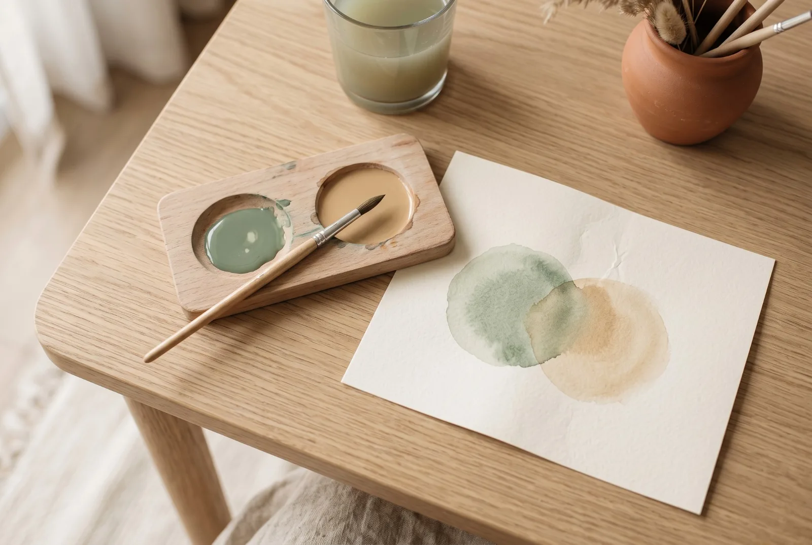 Une palette d’aquarelle en bois avec deux couleurs, sauge et sable, un pinceau, et une feuille où deux ronds de ces couleurs se chevauchent en une troisième teinte.