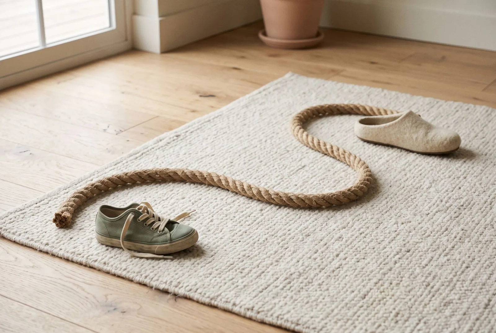 Sur un tapis en laine, une grosse corde de chanvre posée toute détendue, en courbe douce, relie une petite basket d’enfant vert sauge à un chausson d’adulte en feutre.