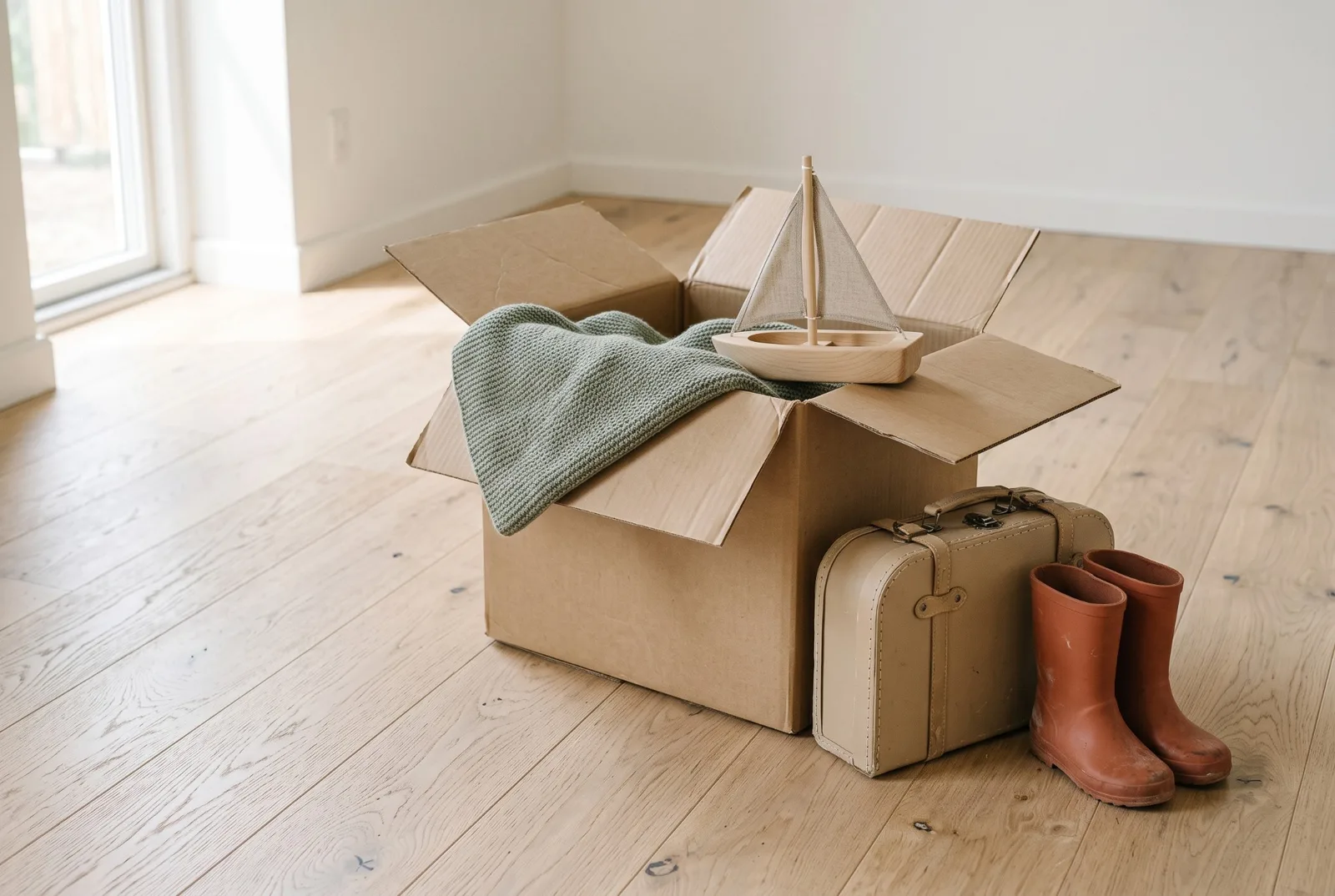 Dans une pièce encore vide, un carton de déménagement ouvert d’où dépassent une couverture sauge et un petit voilier en bois, à côté d’une valise d’enfant et de bottes de pluie terre cuite.
