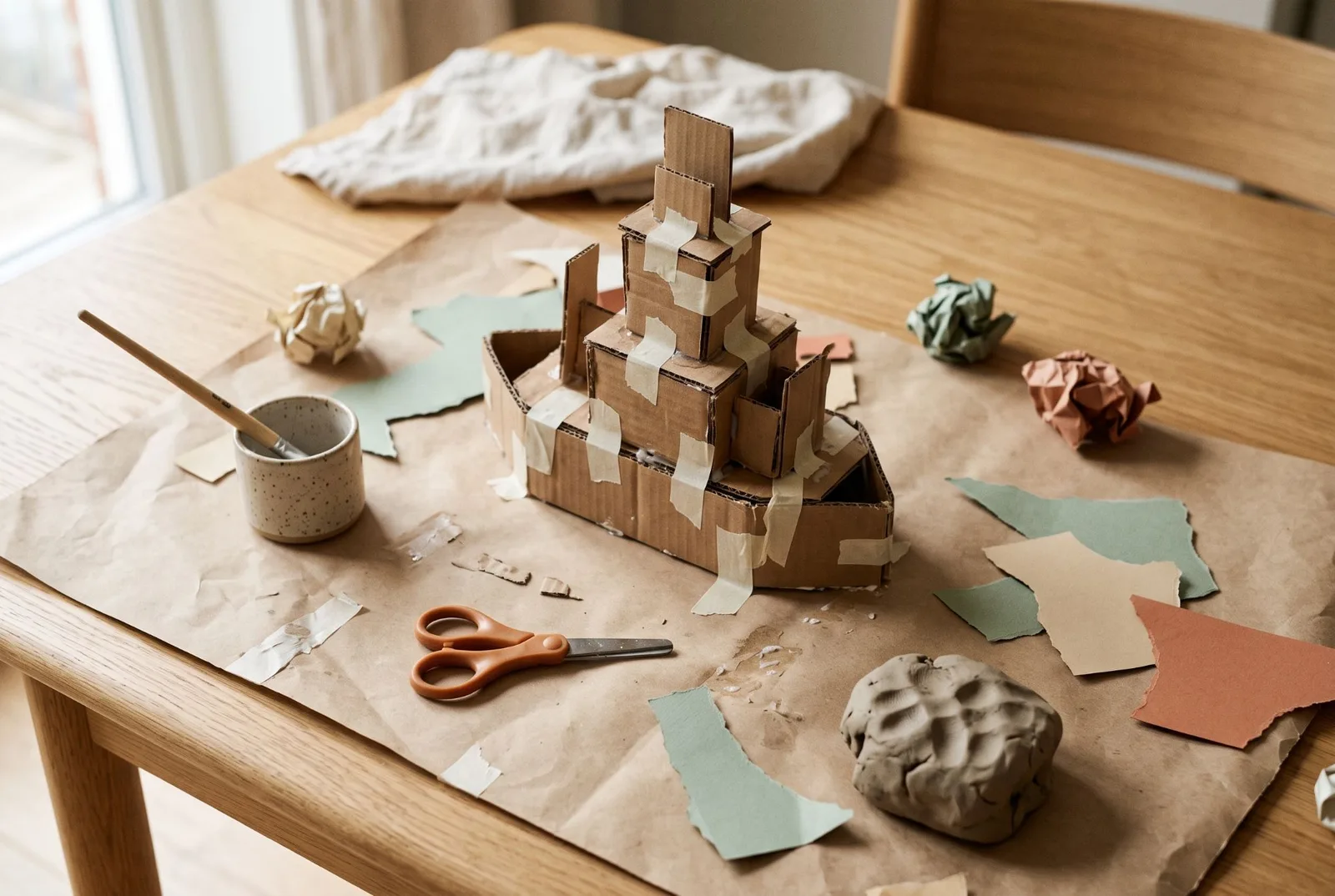 Sur une table en chêne couverte de papier kraft, une construction en carton inachevée tenue par du ruban de masquage, entourée de papiers déchirés sauge, sable et terre cuite, de ciseaux d’enfant, d’un pot de colle et d’une boule d’argile marquée de traces de doigts.
