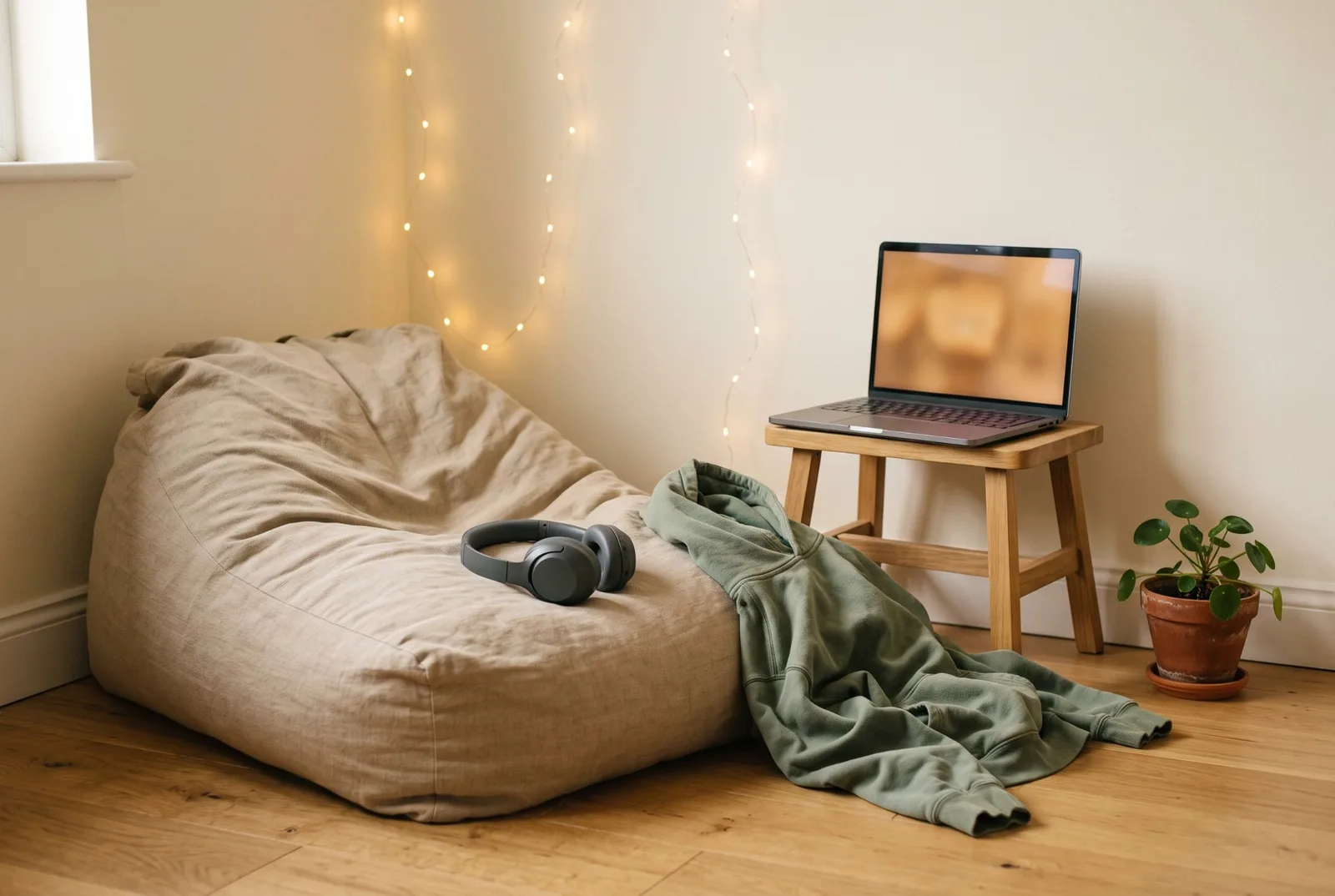 Un coin de chambre d’adolescent : un grand pouf avec un casque posé dessus, un sweat sauge, un ordinateur ouvert sur un tabouret et une guirlande lumineuse au mur.