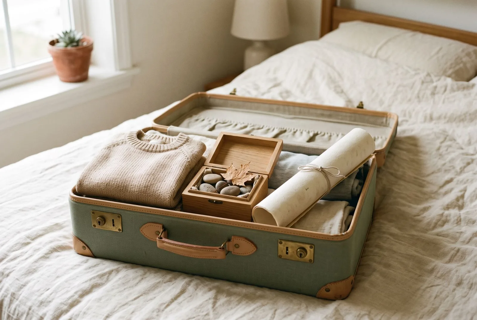 Une valise ancienne vert sauge ouverte sur un lit, à moitié défaite : un pull d’enfant plié, une boîte en bois avec des galets et une feuille d’érable séchée, un dessin roulé noué d’une ficelle.