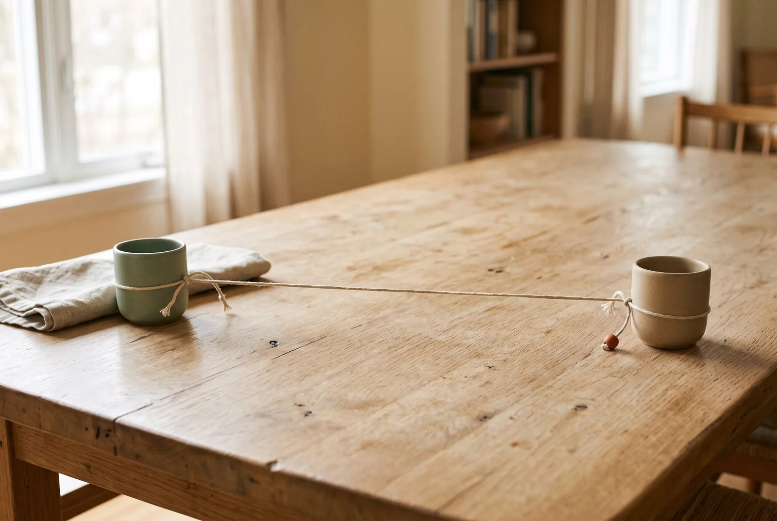 Aux deux bouts d’une table en chêne, deux gobelets en céramique, sauge et sable, reliés par une ficelle tendue comme un téléphone d’enfant.