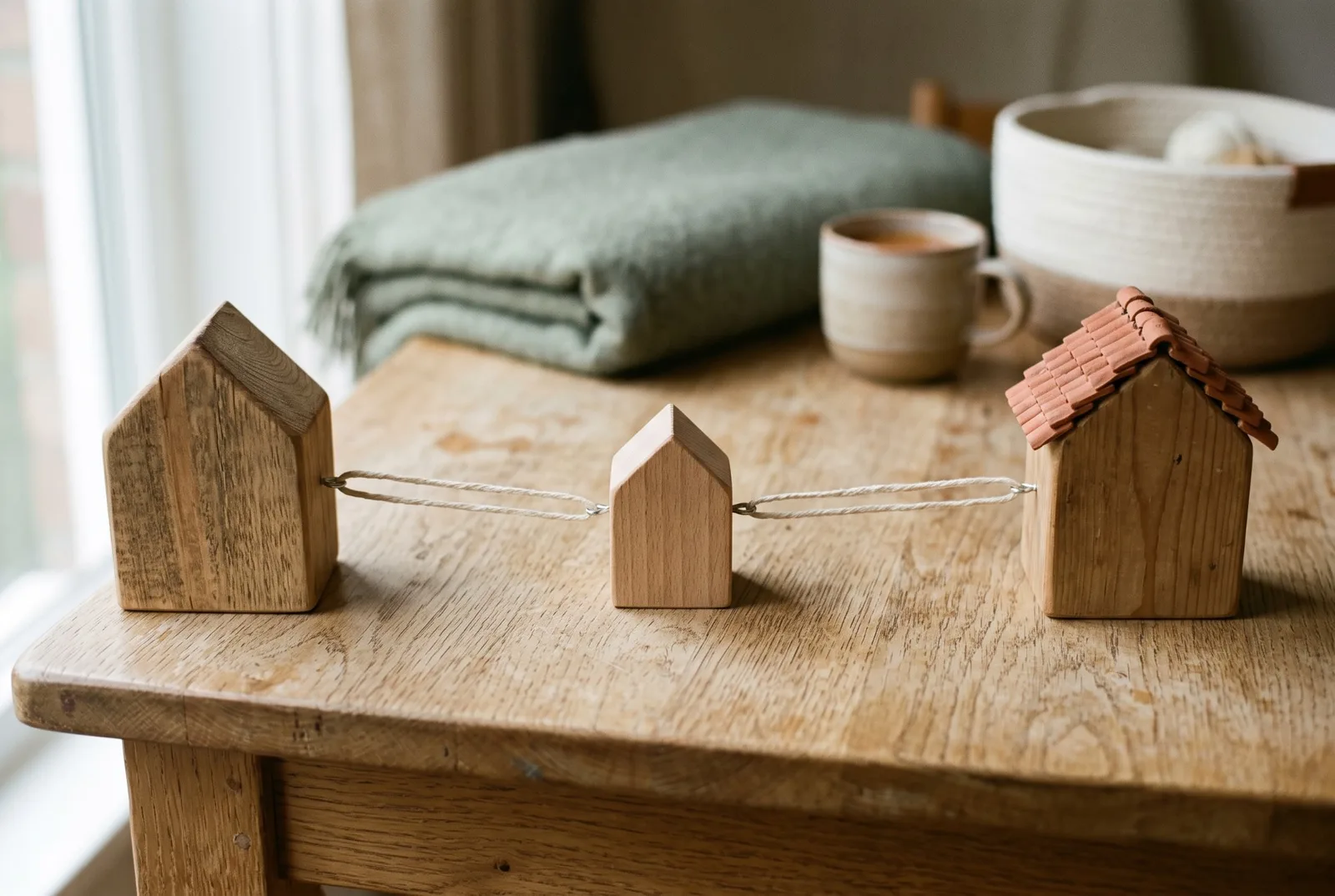 Trois petites maisons en bois alignées sur une table, reliées par une ficelle, la plus petite au milieu, l’une coiffée d’un toit en terre cuite.