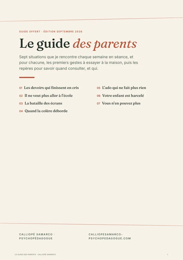 Couverture du guide : « Le guide des parents », sept situations et leurs premiers gestes.