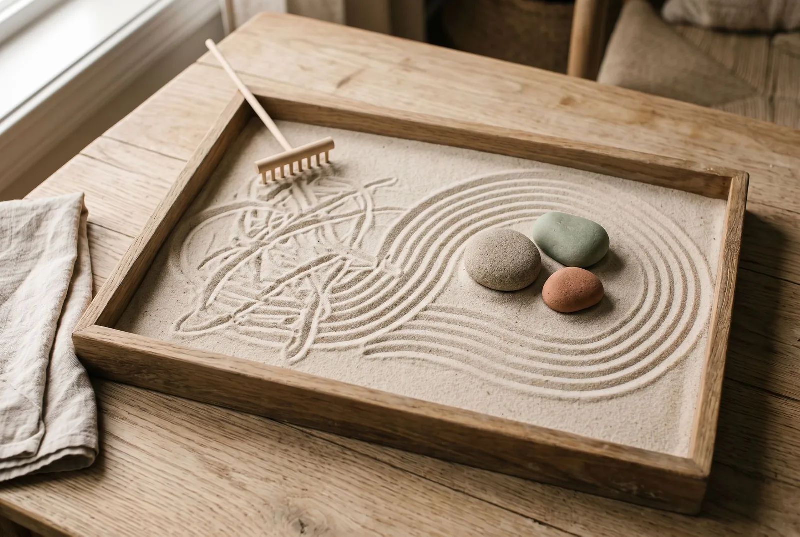 Un bac à sable sur une table en chêne : à gauche, des sillons emmêlés ; à droite, des courbes régulières qui contournent trois galets, sauge, sable et terre cuite.