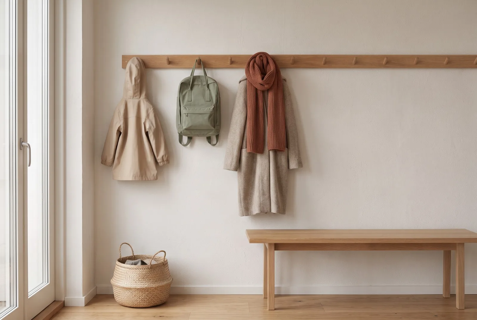 Une patère d’entrée où sont accrochés un petit ciré d’enfant, un sac à dos d’ado et un long manteau d’adulte avec une écharpe.