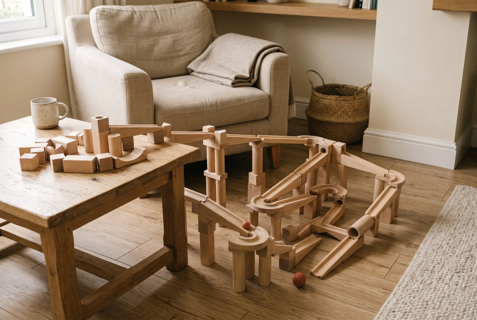 Un circuit à billes en bois, inventé de toutes pièces, qui part d’une table basse et serpente sur le parquet jusqu’au pied d’un fauteuil ; une tasse a été poussée au bord de la table.