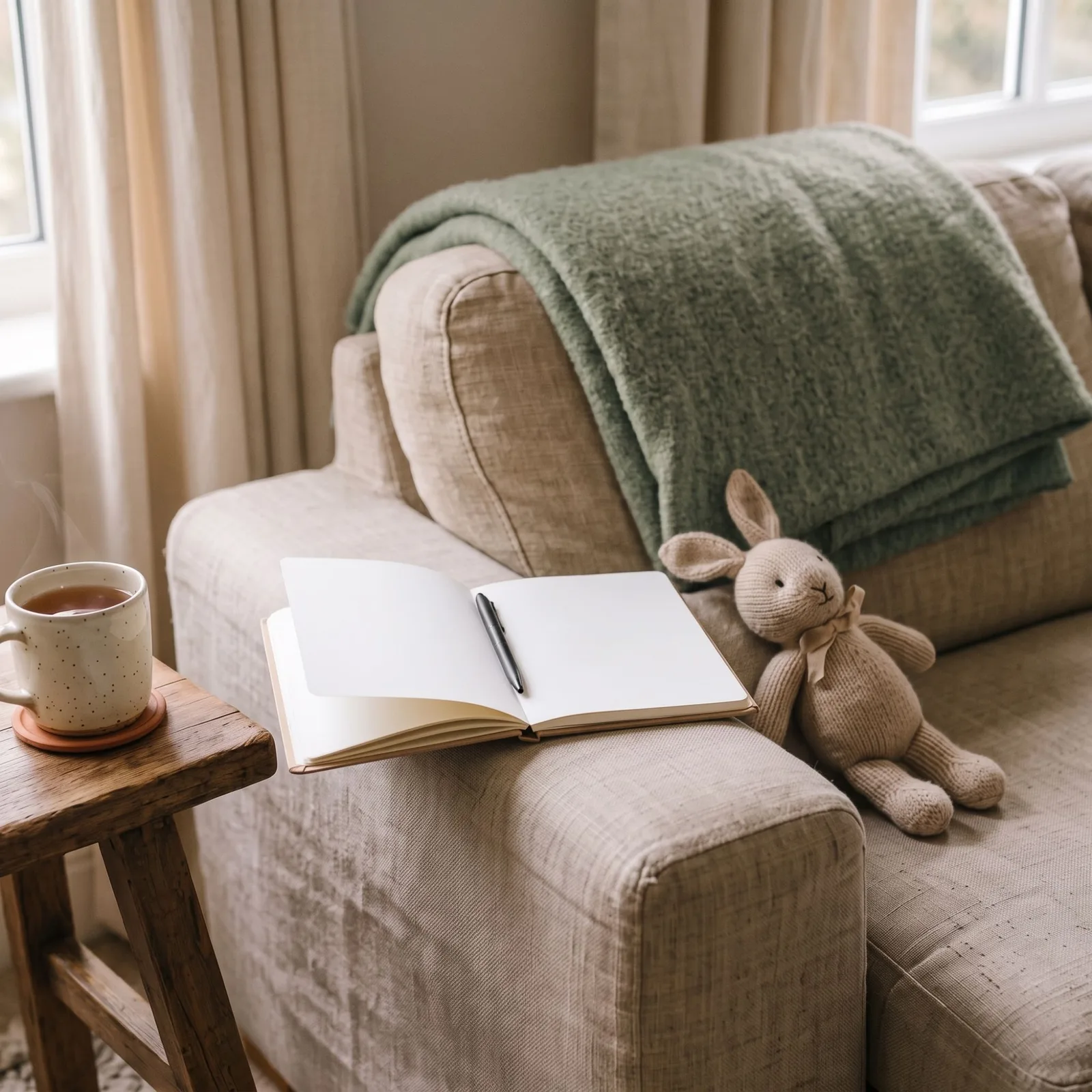 Un coin de canapé en lin : un carnet ouvert aux pages blanches sur l’accoudoir, une tasse de thé à côté et un lapin tricoté posé sur le coussin.