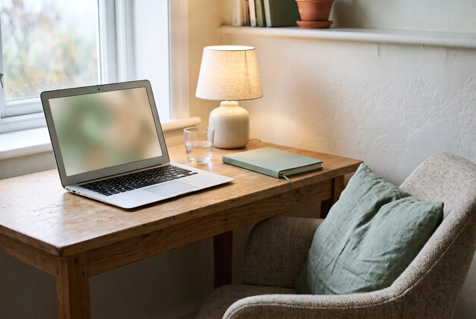 Un coin de bureau préparé pour une séance en visio : ordinateur ouvert, lampe allumée, verre d’eau, carnet vert sauge et fauteuil avec un coussin.