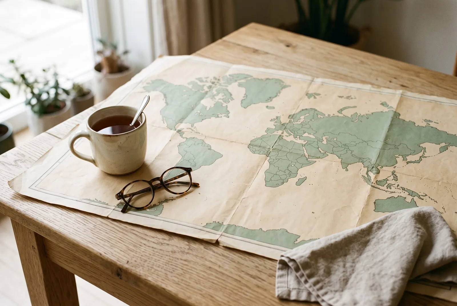 Sur une table en chêne près d’une fenêtre, un planisphère déplié aux continents vert sauge, avec une tasse de thé et une paire de lunettes posées dessus.