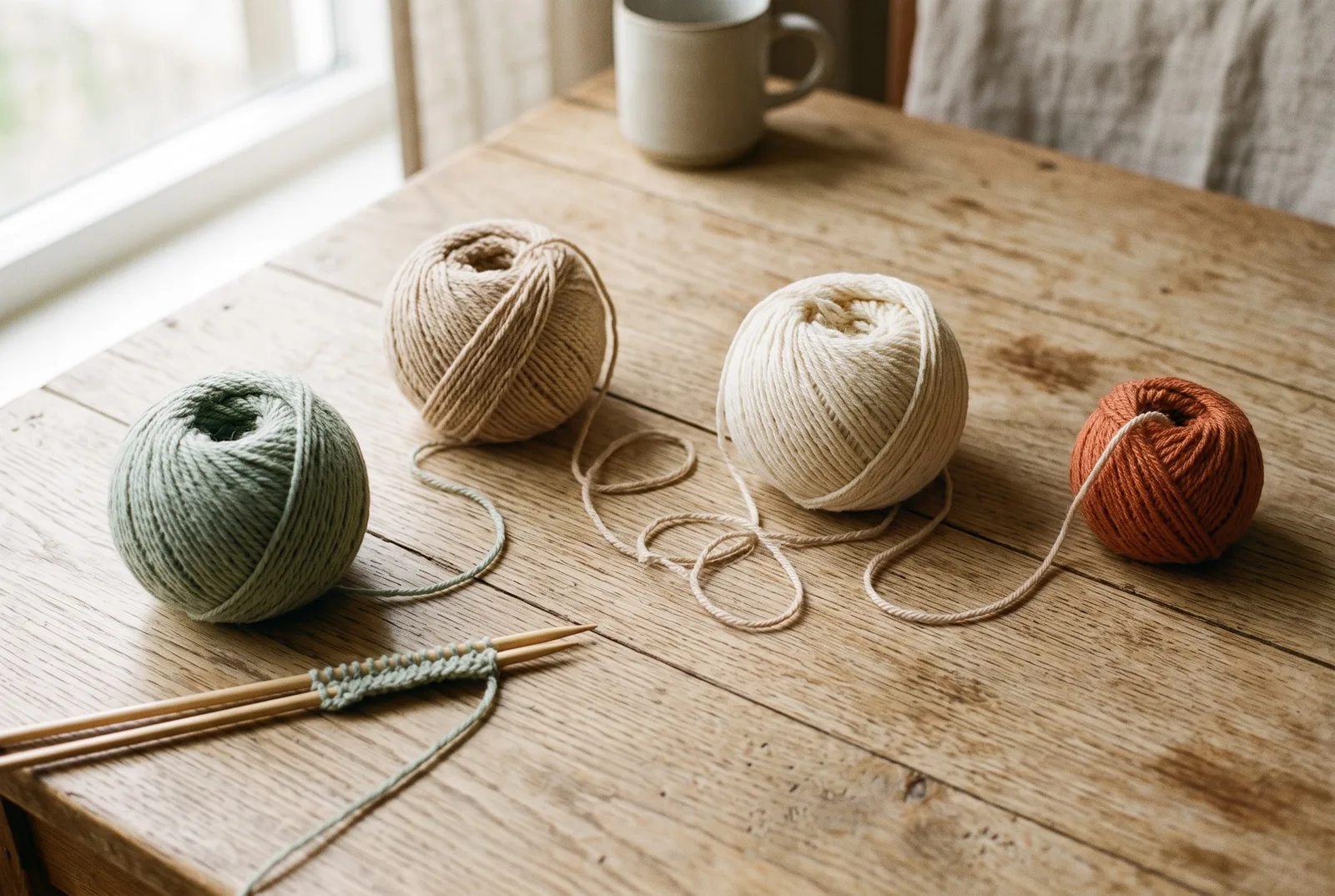 Sur une table en chêne près d’une fenêtre, quatre pelotes de laine, sauge, sable, ivoire et terre cuite, reliées par un même fil, à côté d’un tricot commencé.