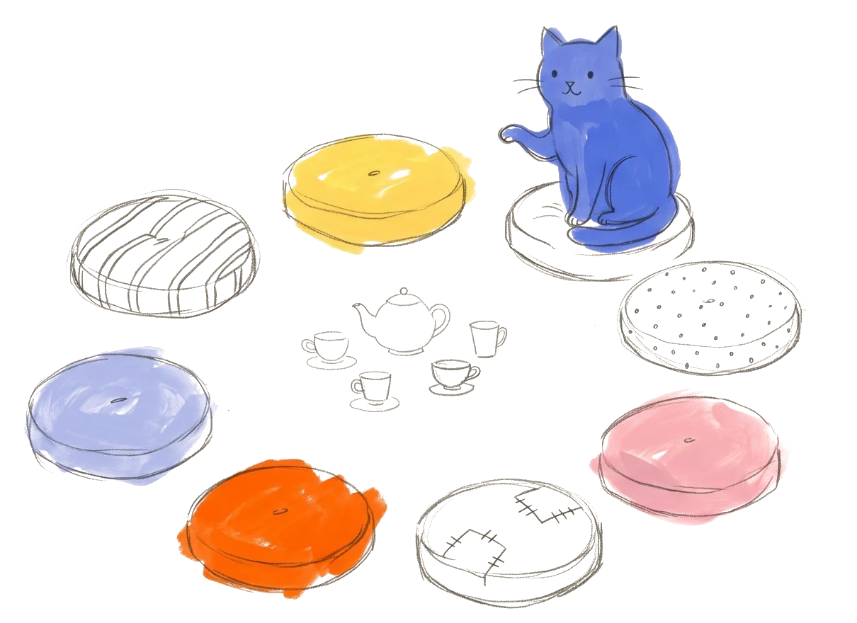 Dessin : un chat bleu assis sur un coussin, au milieu d’un cercle de coussins colorés autour d’une théière.